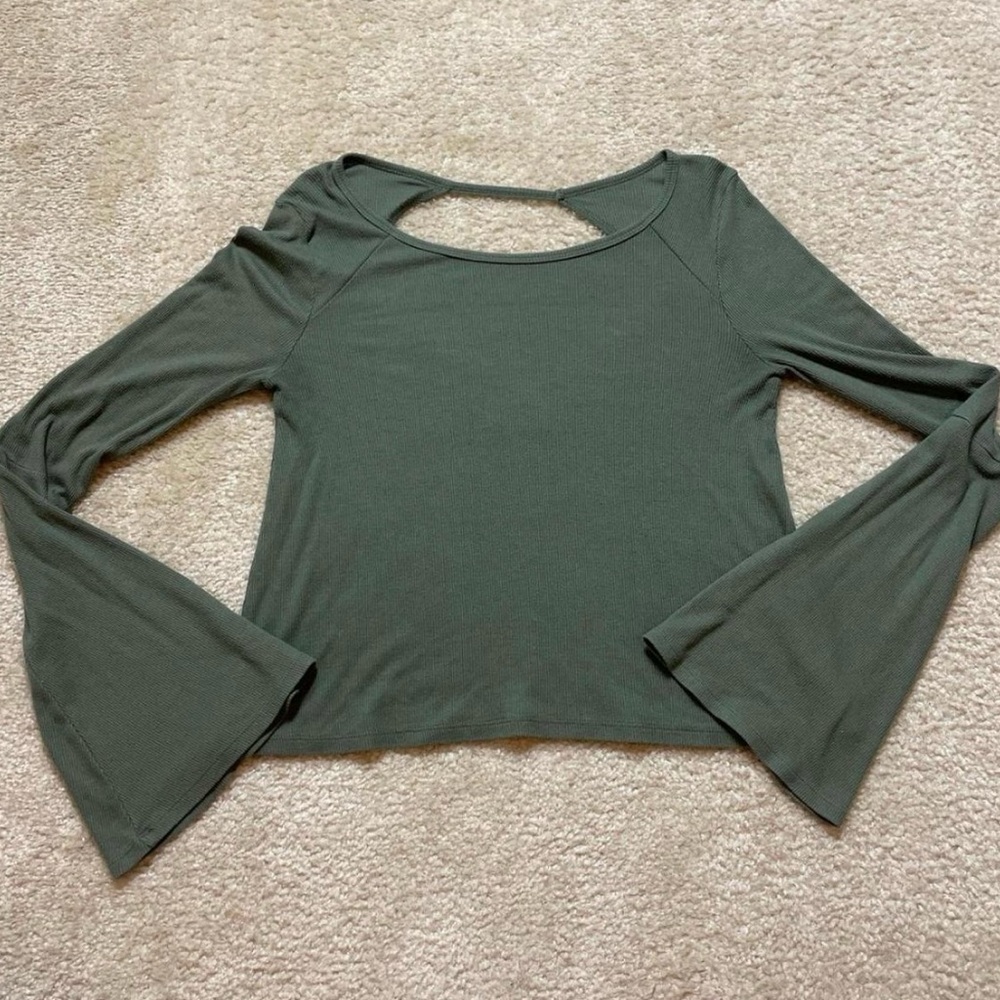 Hollister Green Long Sleeve Crop Blouse with Cut Out